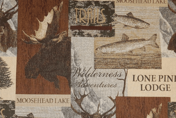 pine lodge fabric with moose, fish, and wilderness phrases