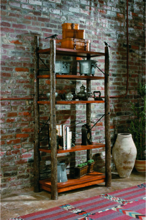rustic bookcases - bookcase with hickory poles, cherrywood-colored shelves and bird accents - rustic bookcases