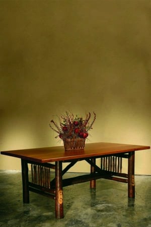 rectangular craft dining table with rustic bark legs