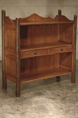 rustic bookcases - two shelf bookcase with hickory poles cherrywood-colored finish and two small drawers