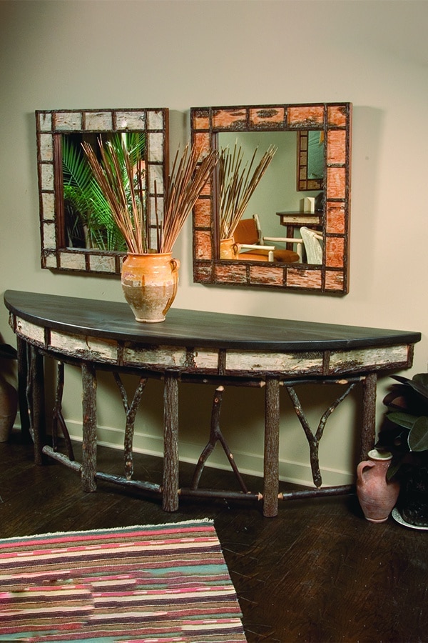 large half circle birch bark console table with slingshot accent