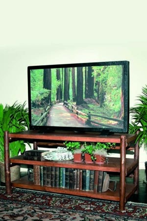 dark wooden tv stand with 3 shelves