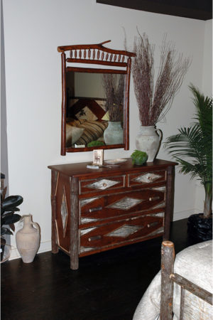 birch bark dresser with 4 drawers and wood framed mirror