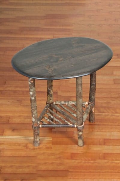 spiro side table with rustic wood legs and gray stained top