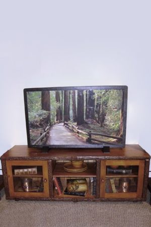 hickory TV console, wide with two cabinets