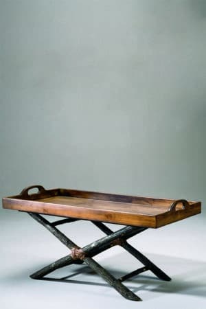 tray cocktail table with handles and rustic log X legs