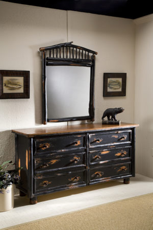 rustic bedroom furniture - wide six drawer dresser and mirror in distressed black finish