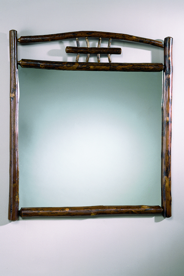 square mirror with rustic dark wood frame on wall