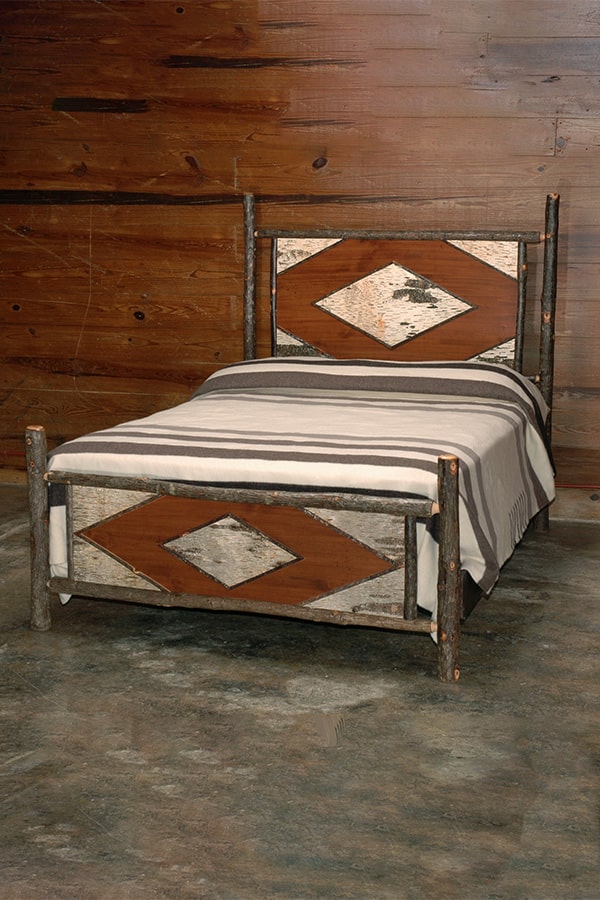 birch bark queen bed with diamond pattern bark accents