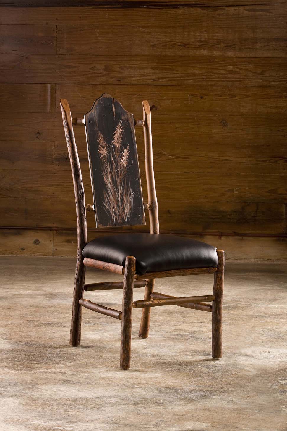 cherry branch side chair with carved back and leather seat