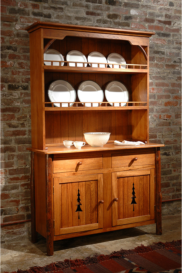 dining hutch with pine tree shaped cut out on bottom cabinet doors - hickory dining tables