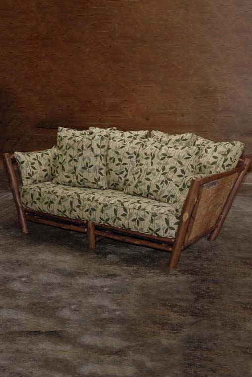 loft sofa with leaf pattern fabric and hickory wood - rustic sofa