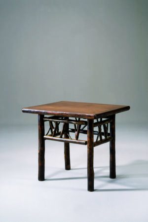 square slingshot side table in dark wood finish