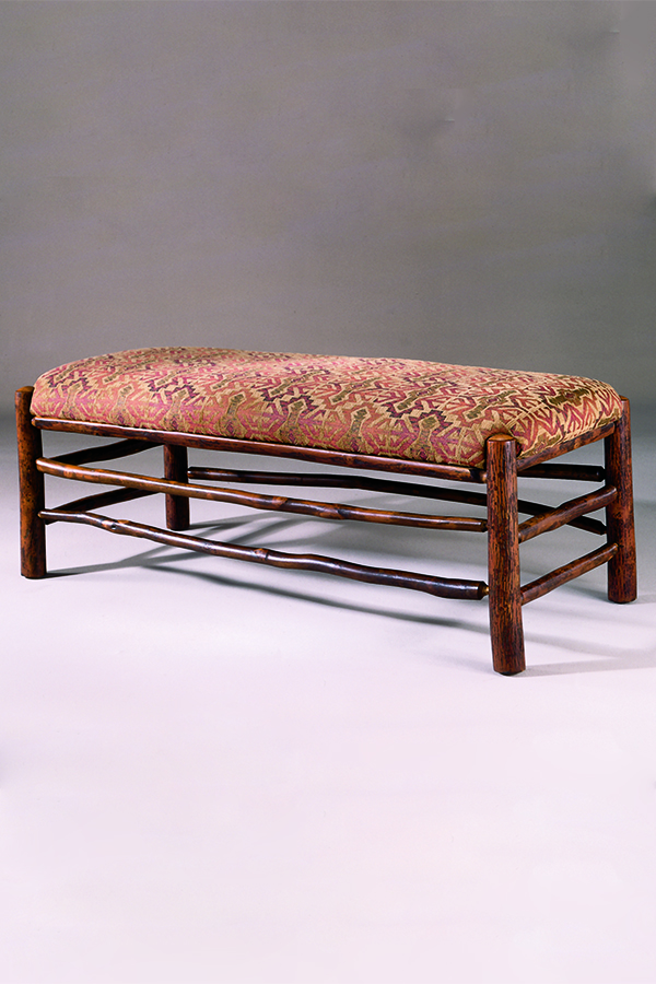 hickory bench with patterned fabric upholstery