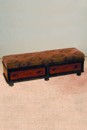 camp bench with two drawers and brown cushion