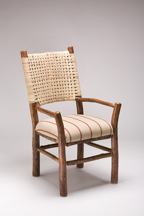 foxhall arm chair with red ticking fabric seat and woven caned back