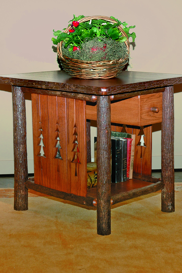 pine tree side table with carved tree accents and rustic log legs