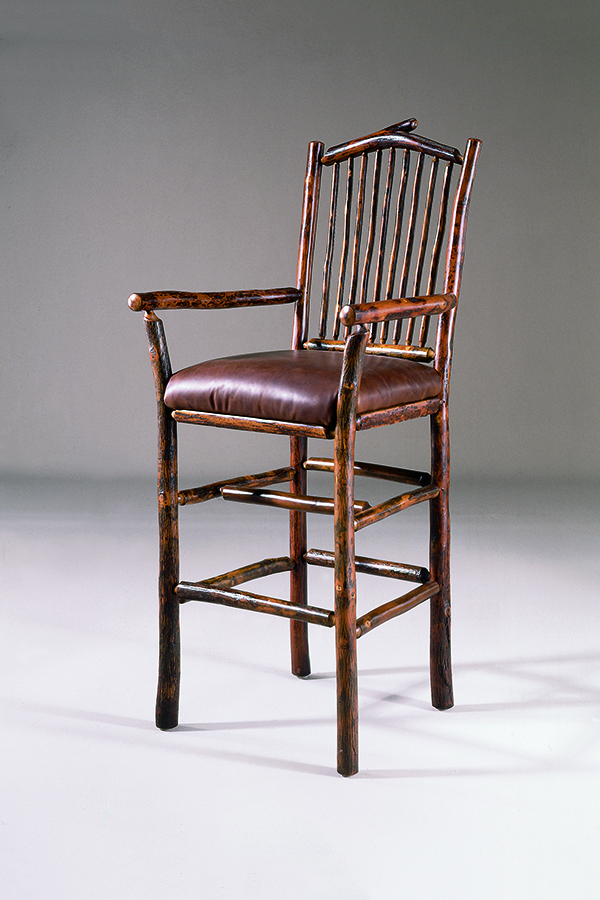 jonas ridge bar chair with wood back, arms, and leather seat