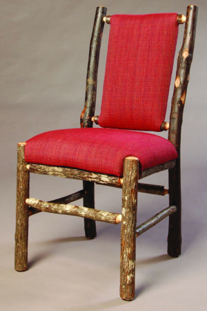 rustic wood side chair with red upholstery